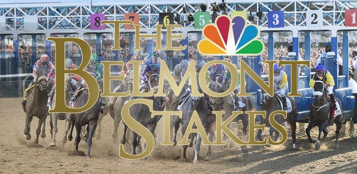 Belmont Stakes-Logo ja juoksevat hevoset