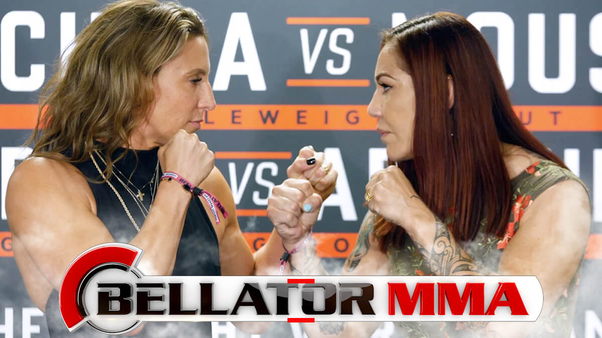 Cris Cyborg ja Julia Budd punnituksessa-Bellator MMA Logo