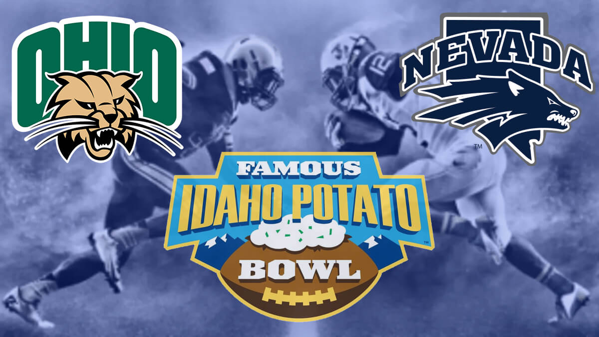 Ohio Bobcats vs Nevada Wolf Pack logot-Idaho Potato Bowl Logo-jalkapalloilijat lataavat toisiaan vastaan Tausta