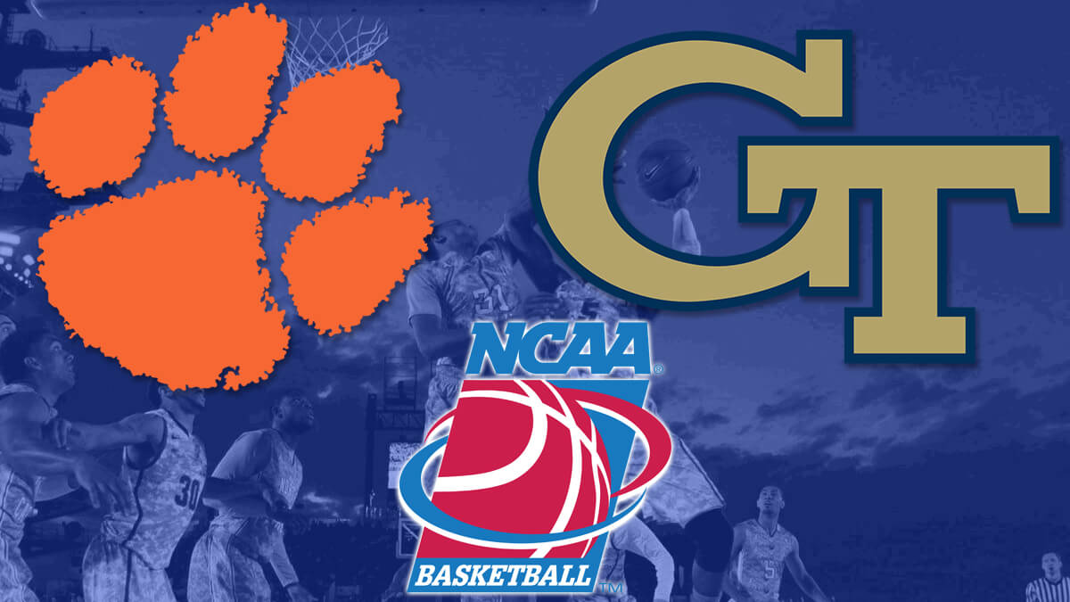 Clemson Tigers vs Georgia Tech Yellow Jackets logot-NCAA koripallo Logo-College koripallo joukkueet pelaa taustalla