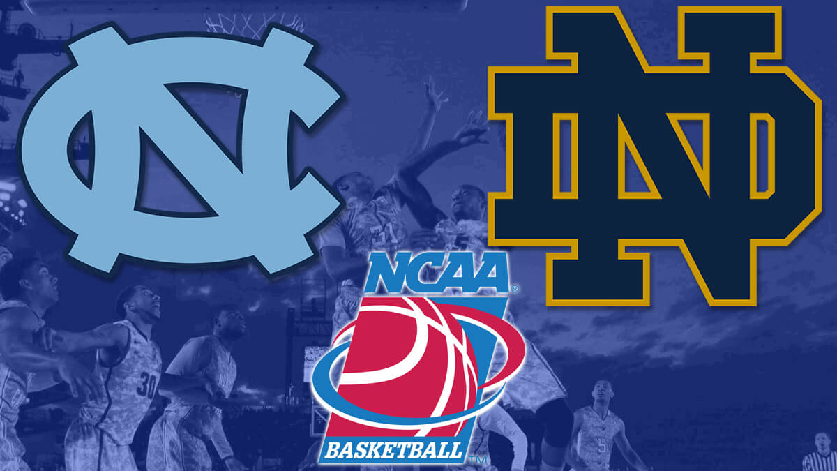 Pohjois-Carolina Tar Heels vs Notre Dame Taistelevat Irlannin logot-NCAA koripallo Logo-College koripallo joukkueet pelaa taustalla