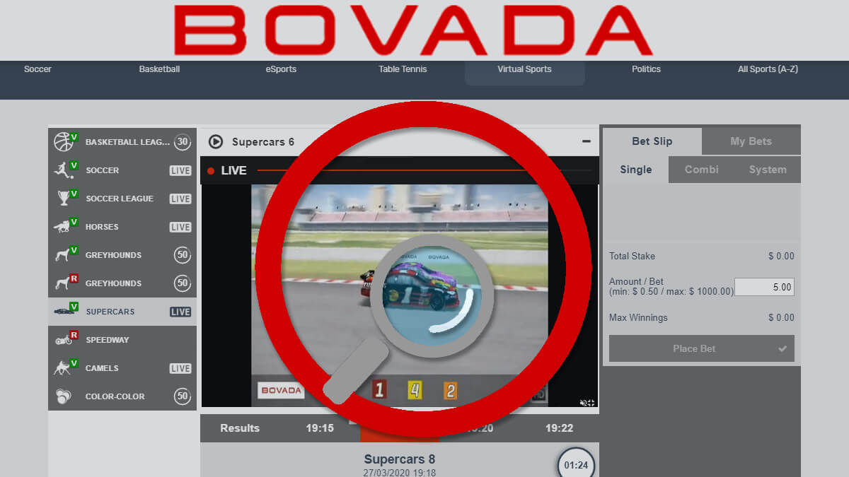 Bovada Virtual Sports Hubin Sivun Kuvakaappaus-Supercars Virtual Racing-Suurennuslasi