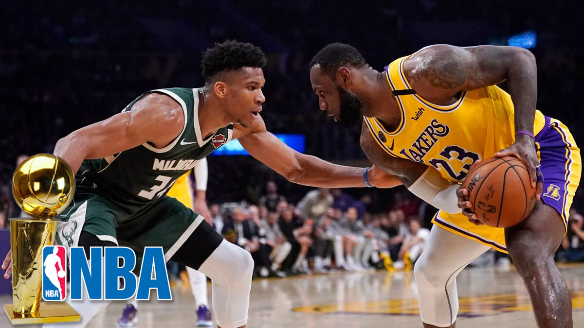 LeBron James ja Giannis Antetokounmpo - Milwaukee Bucks vs Los Angeles Lakers - NBA-Logo ja pokaali