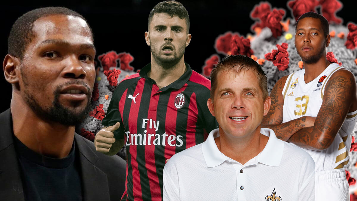 Urheilupersoonat Kevin Durant, Patrick Cutrone, Trey Thompkins ja Sean Payton-COVID-19-molekyyli