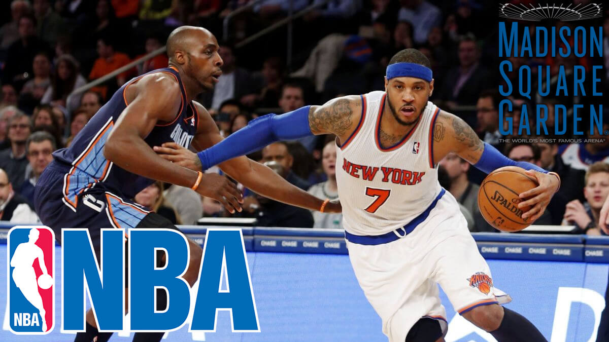 New York Knicks vartija Carmelo Anthony 24 tammikuu 2014-NBA Logo-Madison Square Garden Logo